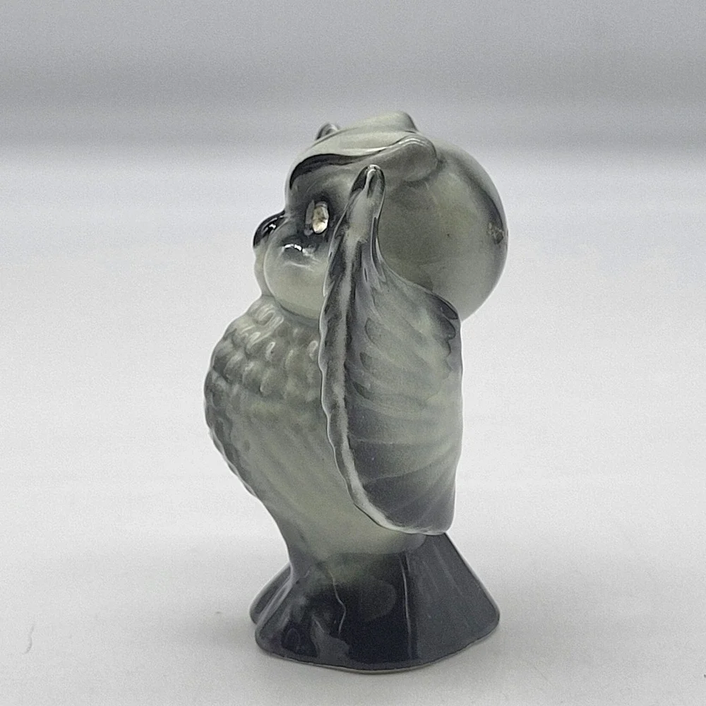 Vintage Enesco Japan MCM Owl Salt Pepper Shakers Gray Black Rhinestone Eyes